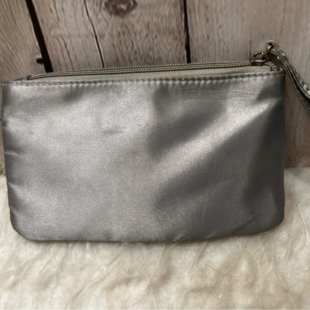 RSVP Charming Charlie Clutch Purse Silver Satin Rhinestone Pearl Wristlet Glam
